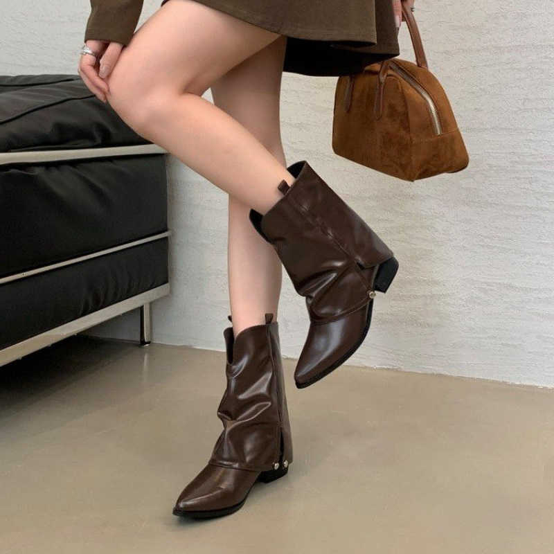 Western Boots 2025 New Women's Cowboy Boots - Mid Calf Pointed Toe Chunky Heel Vintage Leather Boots for Women Autumn Winter Boots H260921