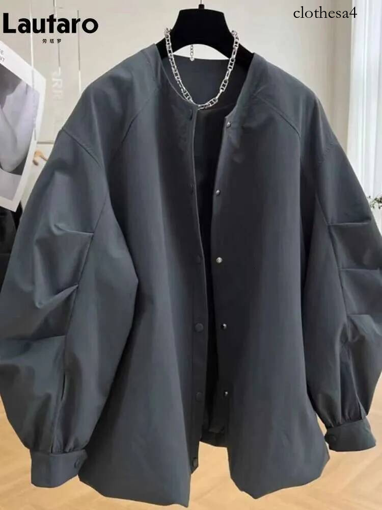Lautaro Spring Autumn Elegant Chic Gray Jacket Women Long Sleeve Stand Collar Loose Designer Korean Style Clothing 2024