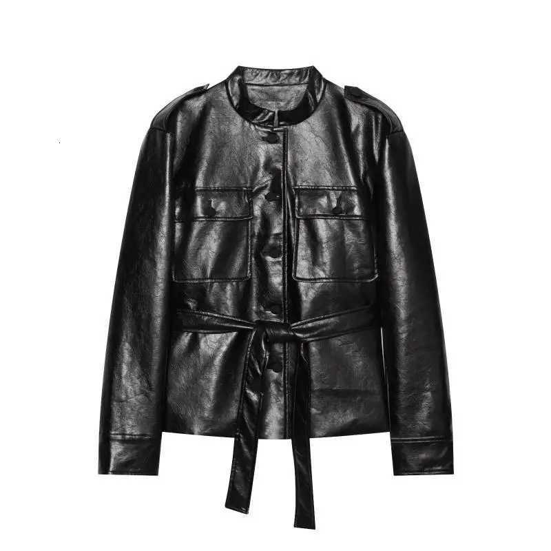 Women's Maxdutti Women's Jacket Jackets Woman Clothes Tops Black Minimalist Soft Protein Leather Jacket Waist Belt Slim Waist Jacket For W