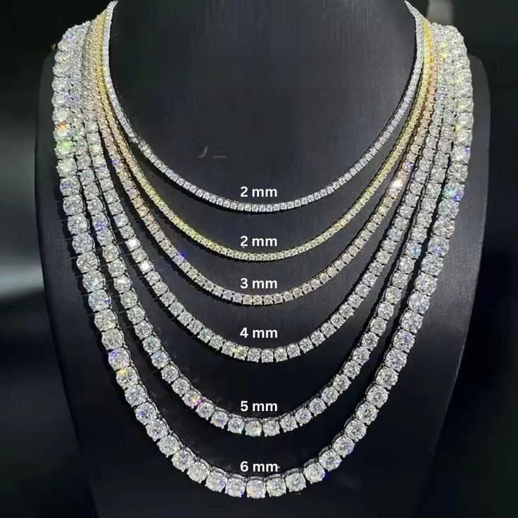 2mm 3mm 4mm 5mm D VVS Moissanite Diamond Tennis Chain Necklace 925 Sterling Silver Hip Hop Jewelry