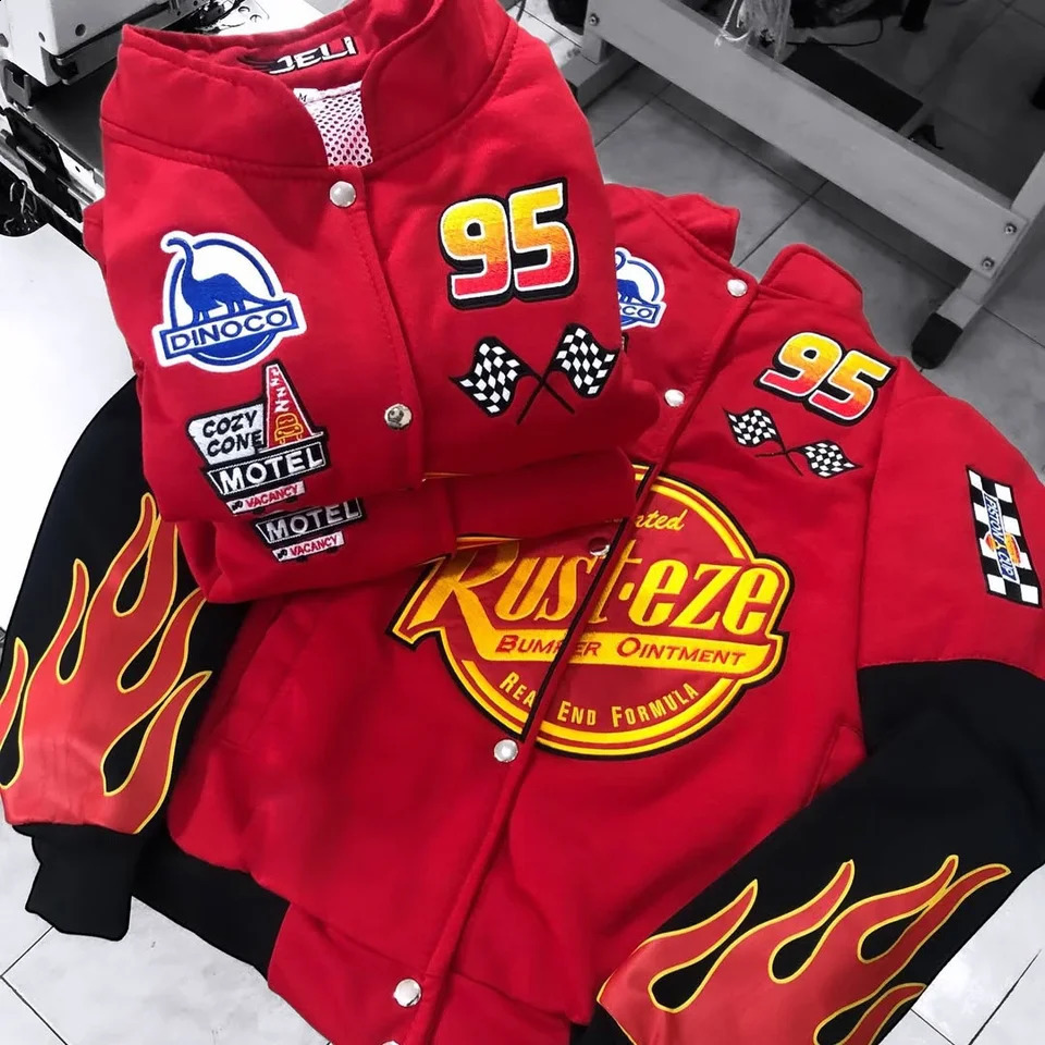 Mens and Womens Red Black Racing Style Baseball Jacket with Flame Pattern Number 95 Single Breasted American Style Outdoor Wear260921