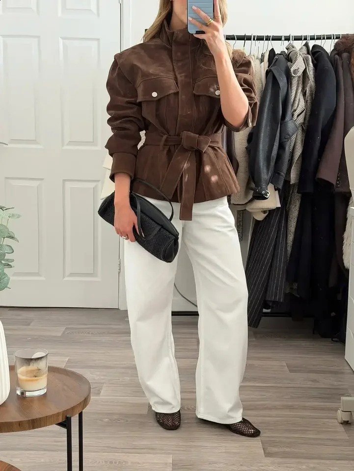 Women Fashion Suede Jacket Brown Stand Collar Belted Flap Pocket Metal Button Loose Outerwear Autumn City Casual Jackets 2026 260920