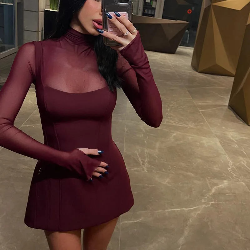 DRC Mesh Patchwork Mini Dress For Women Party Elegant Evening Vestidos Fashion Lace Long Sleeve Turtleneck Slim Short Dresses 260921