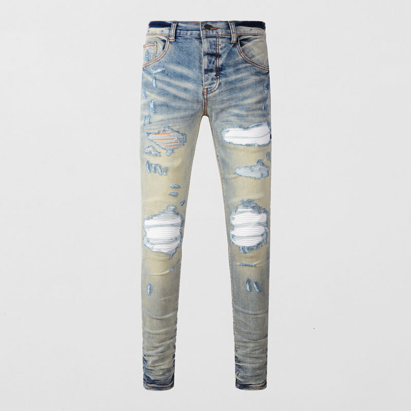 Designer High Street Fashion New Light Blue Men's Jeans Stretch Slimming White Leather Patch Hip Hop Brand Pants HombreY2K 26L0921
