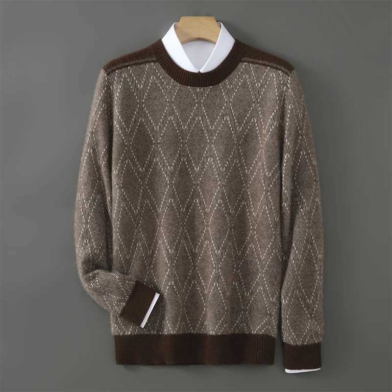 Autumn And Winter 100% Pure Wool Men's Round Neck Loose Casual Sweater Color Matching Knitted Cashmere Sweater With Bottoming Q260921