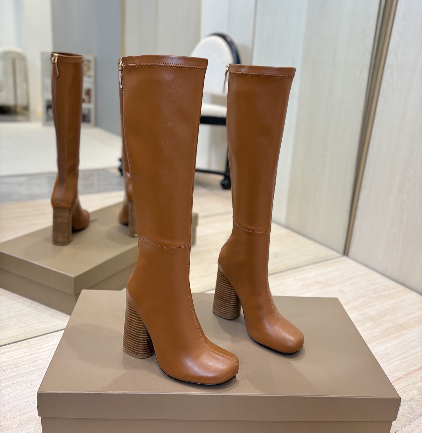 Luxury Dress Shoes Designer Custom Block High Heel Over The Knee Boots Chunky Heels Pointy Toes Wide Fit Calf Open Back Long Boot