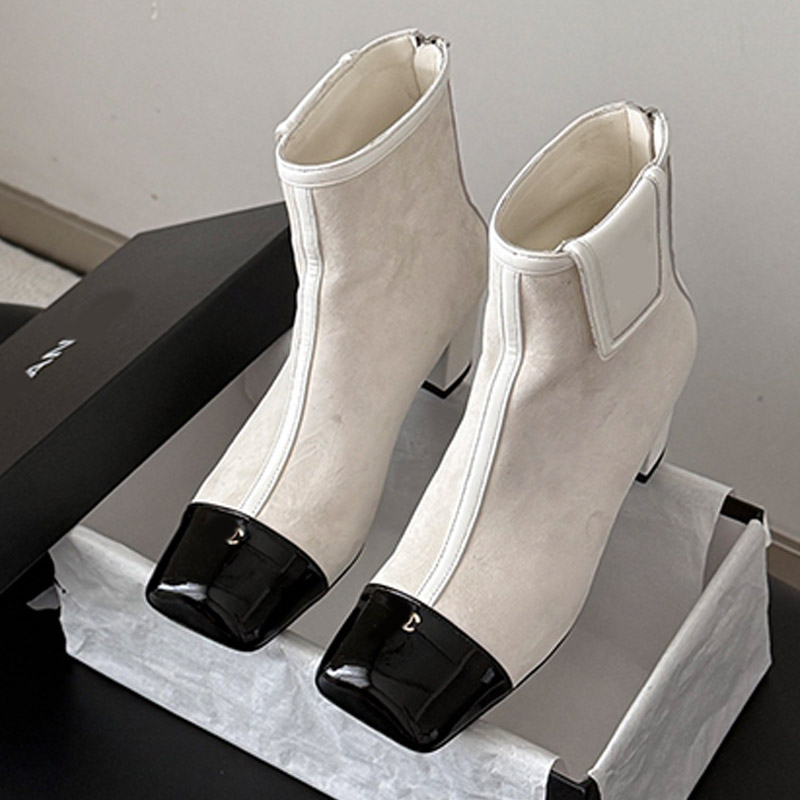 Designer FallWinter 2026 Booties Square Splice Patchwork Womens Boots Winter Fashion Gentle Boots Back Zipper Fashionable Ladies Shoes