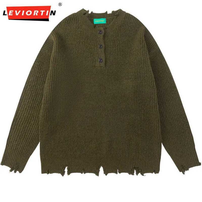 2025 Autumn/Winter Men's Fashion Trendy Brand Lazy Sweater American Street Wind Grinding Edge Broken Edge Design Loose Sweater S260921NNP7