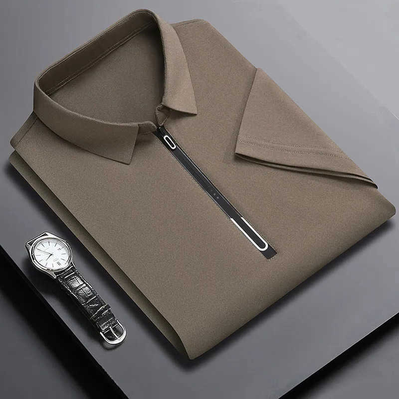 Men's Men's Casual Shirts New Business Casual Zipper Short Sleeve Solid Color Polo Shirt Fashionable Warm Comfortable Four Seasons Versati