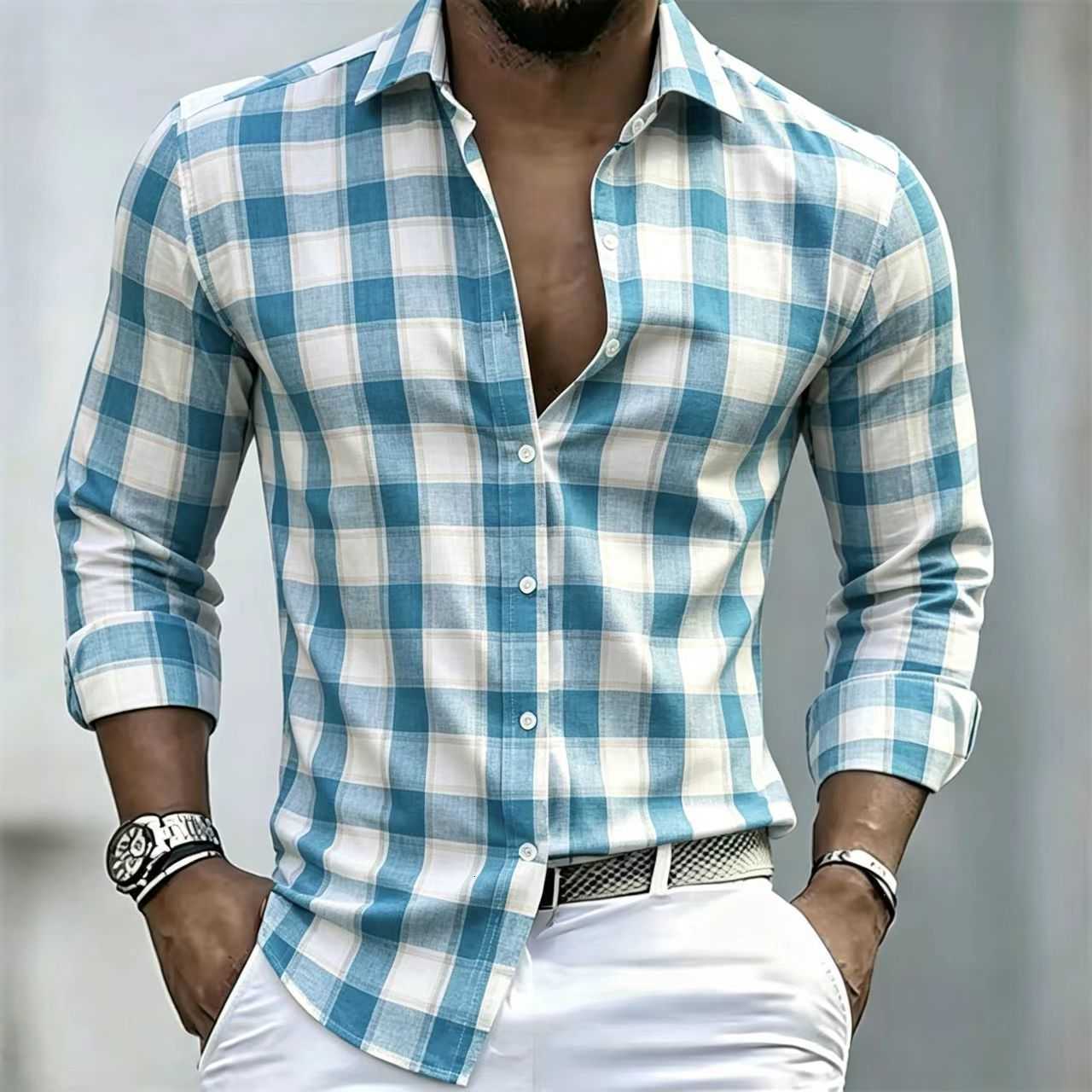 New Shirts 2026 Men's Casual Men's Plaid Long Sleeved Shirt Elegant Men's Shirt Business Casual Fashionable and Versatile Striped Shi