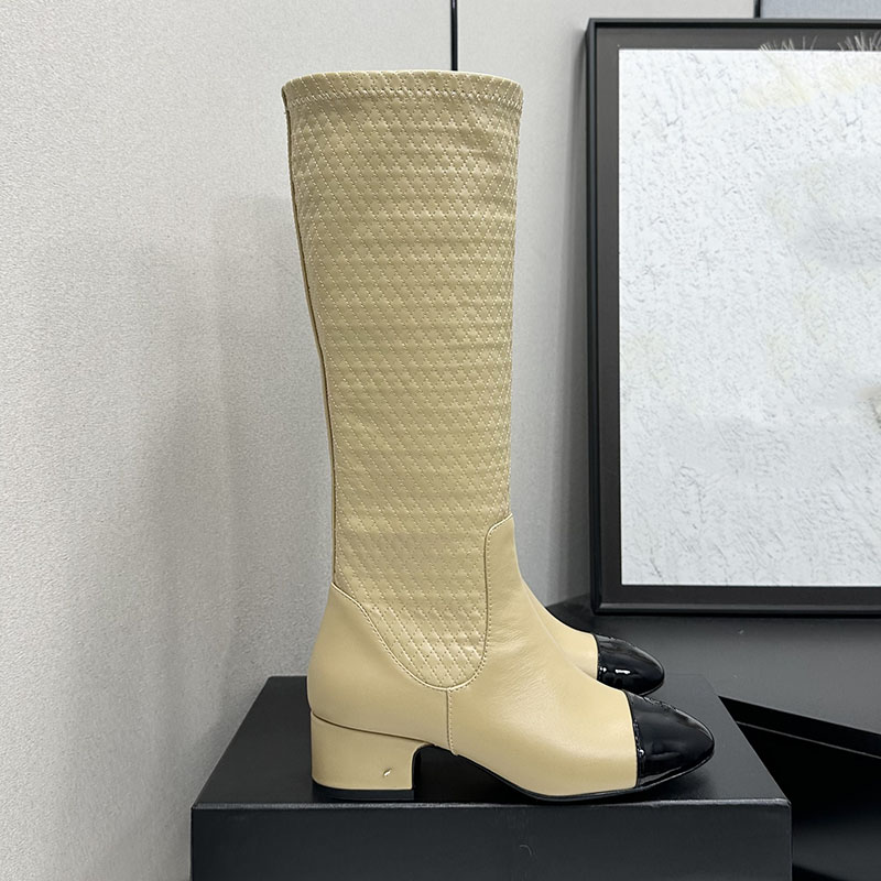 Women Boots Knee High Leather Luxury Designer Square Toe Block Heel Fashion Classic Winter Dress Elegant Black Beige Quilted Patent Cap Platform Par