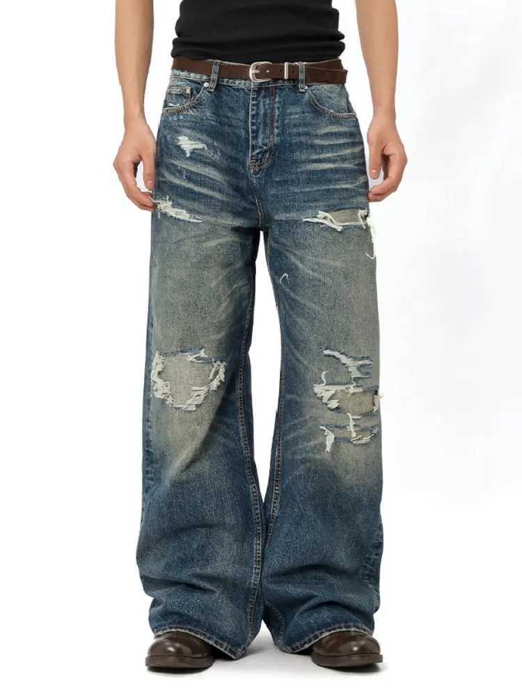Retro American High Street Men's Jeans Distressed Wide Leg Knife Pants Autumn Comfortable Loose Fit Denim Trousers S260921JCMS