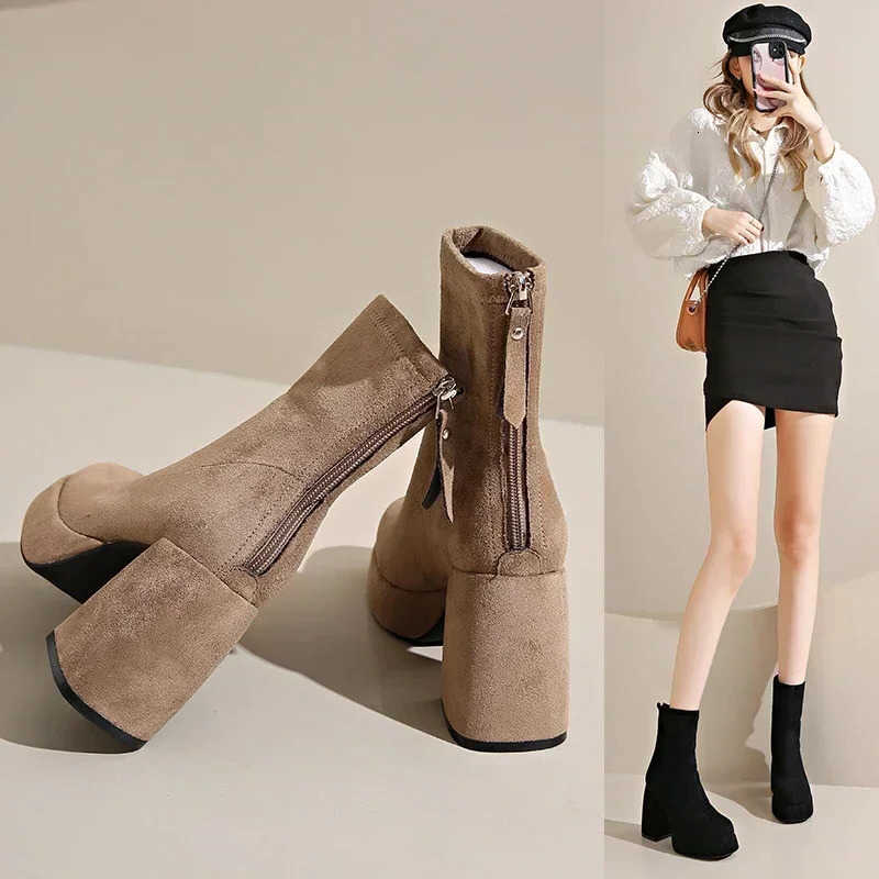 High-heeled Boots Fashion 2024 Women's Boots Winter New British Style Soft Sole Anti-slippery Versatile Keep Warm Leather Shoes H260921