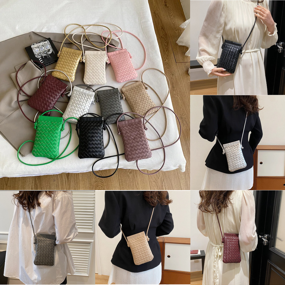 Vintage Hand Woven Cell Phone Purse for Ladies, Thin Strap Vertical Crossbody Bag, Fashion Woven PU Leather Mini Shoulder Handbag