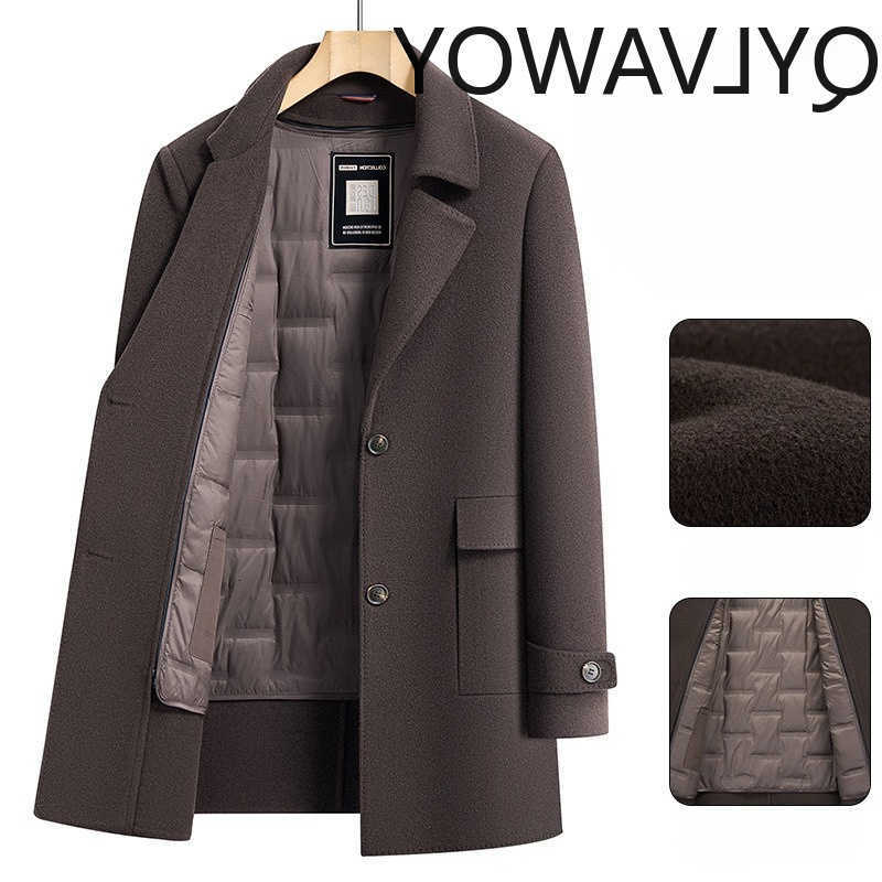 70.3% Blends QYLVAWOY Men's Wool Wool Coats for Men Autumn Winter 2026 Detachable Down Liner Woolen Jacket Mid-length Casual Wool Coat Man Clot