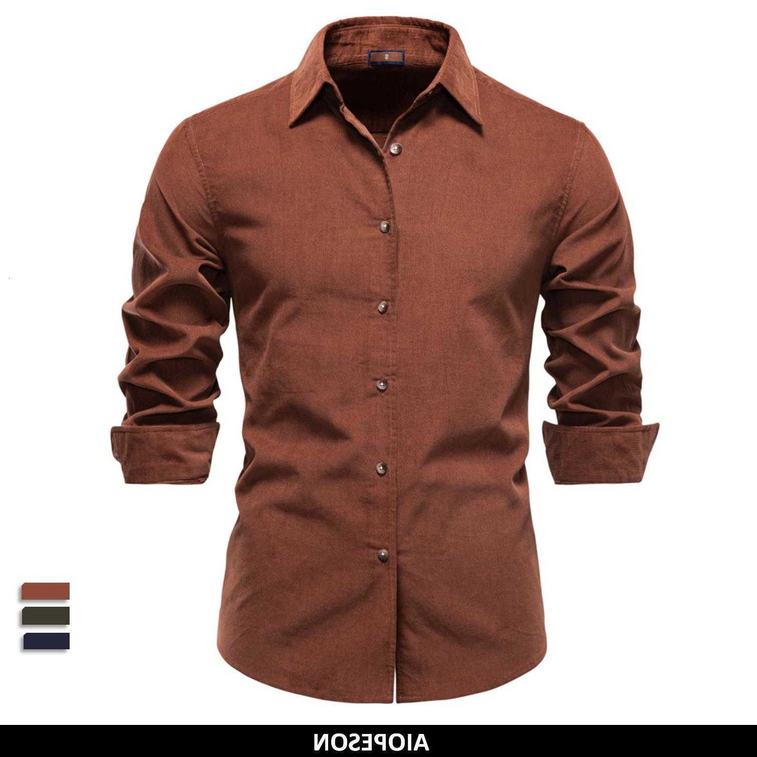 2025 Men's AIOPESON Casual Shirts Corduroy Shirt Men 100% Cotton Solid Color Autumn Winter Thicken Business Casual Long Sleeve Classic Mens Shi