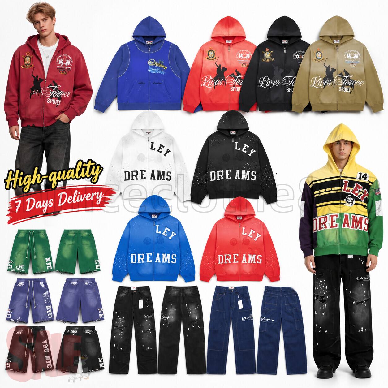 Valleys dreams Hoodie Embroidered jacket Men Vale Jeans Fashion Trend Full Drill Ripped Pants Designer University Hip Hop Letter Printed Short Pants
