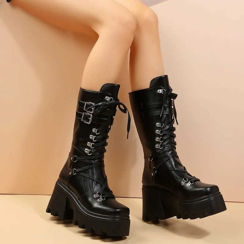 New 2024 Boots Women's Winter Fashion Mid Tube Boots Lace Up High Platform Wedge Boots New Women's Fashion Solid Color Boots H260921