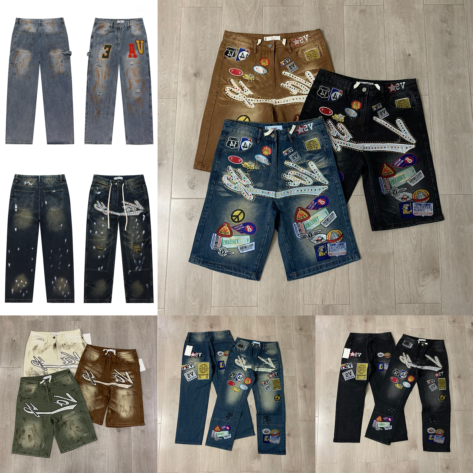 Men Jeans Designer trousers Men's Baggy Embroidery Rhinestone Denim Shorts Retro Hip Hop Straight Leg Pants Washed Jeans Half Length Jorts Men