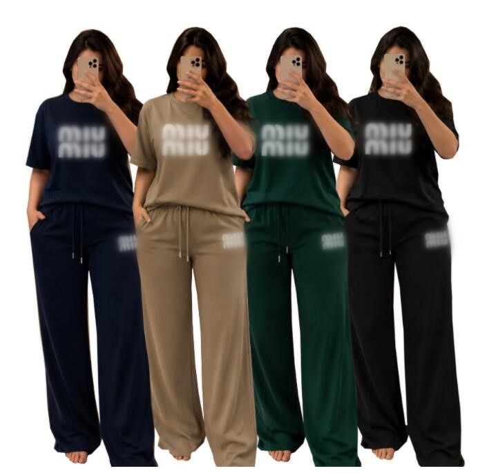 Women's Tracksuit designer two-piece set casual solid color round neck short sleeved top high waisted drawstring pants