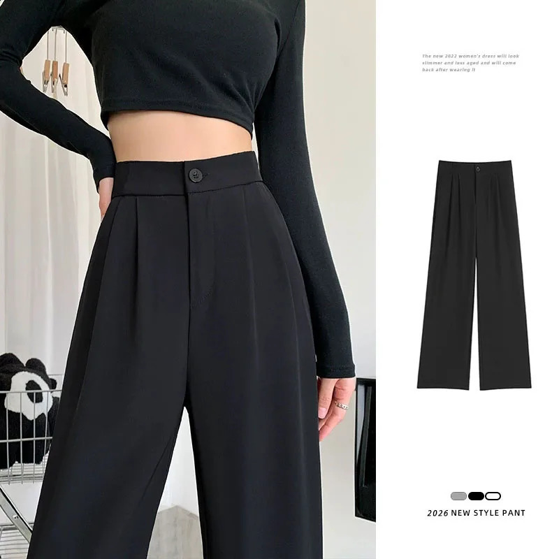 Spring Autumn Casual Loose Suit Pants Women Korean High Waist Office Wear Straight Versatile Solid Floor Length Trousers 26921