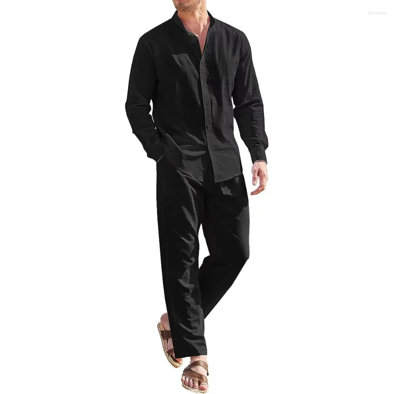 Men's Casual Cotton Linen Sets Beach Vintage Basic Shirts And Pants Solid Color Suit Male Tracksuits