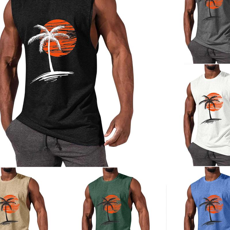 Designer Style New Arrival High Quality Men's Sleeveless Tank Top Coconut Tree Print Muscle Vest Summer Casual Cotton Blend Round Neck Gym Beac