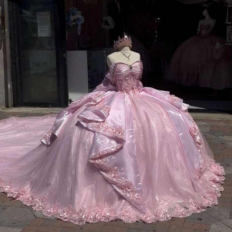 Pink Glitter Quinceanera Dresses Off Shoulder Ball Gown Sweet 16 Dress Applique Lace Beads Bow Tull Party Birthday Vestidos 15 anos