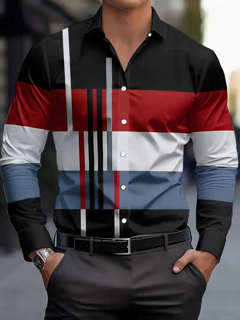 Casual Shirts New Men's Men's Long Sleeve Shirt Striped Pattern 3D Kitten Printed Long Sleeve Flip-over Fashion Holiday Shirt Top H260921