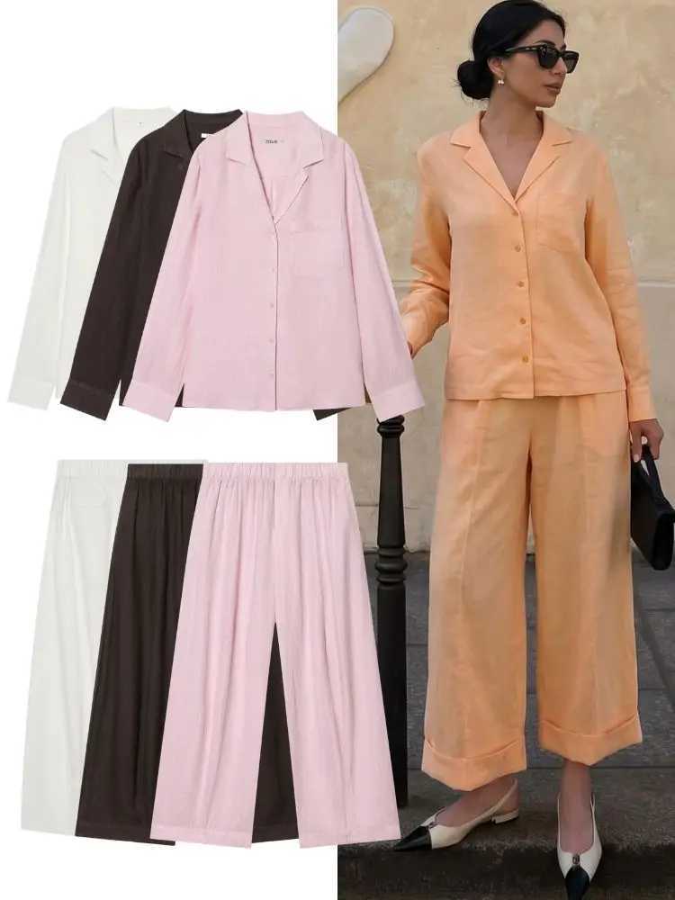 HH Women Casual Linen Two Piece Pant Set Summer Long Slve Pocket Linen Shirt +Elastic Waist Pant Female Drawstring Shorts Suit T260829