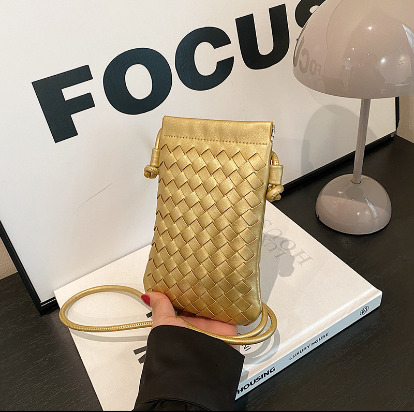 Vintage Hand Woven Cell Phone Purse for Ladies, Thin Strap Vertical Crossbody Bag, Fashion Woven PU Leather Mini Shoulder Handbag 181818