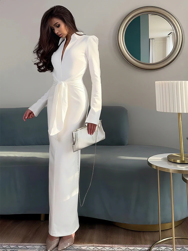 Weird Puss Sexy Maxi Dress Women Shoulder Padded Zip Wrapped Bandage Long Sleeve Slit Elegant Solid Office Simple Skinny Bodycon 260921