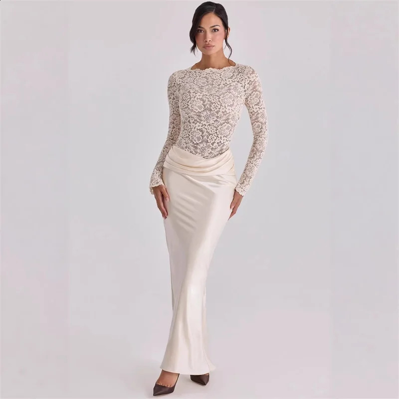 Elegant Lace Prom Dress Full Sleeved Slim Fit Satin Long Party Gown Formal Wedding Guest Birthday Evening Robe 260920