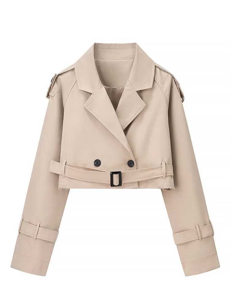 HH Women's 2025 Autumn Fashion Vintage Lapel Short Solid Jacket Female Loose Double Breasted Belt High Strt Casual Coat T260829