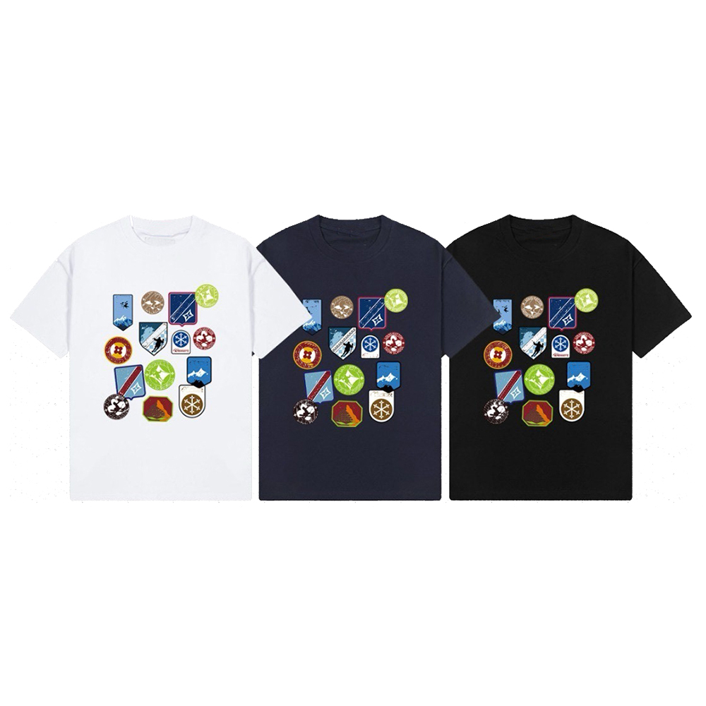 Unisex Vintage Badge Patch Graphic Print Designer T Shirt Crew Neck Short Sleeve Loose Oversized Streetwear Black Tee Summer Tops for Men Women