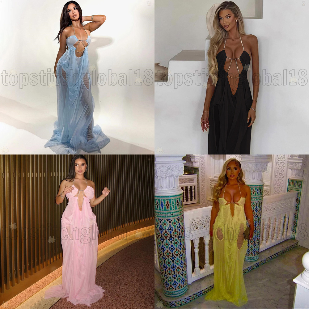 Women 2026 Summer New Vacation Style Sexy Hot Girl Mesh See Through Low Cut Halter Neck Dress For Holiday 77 85