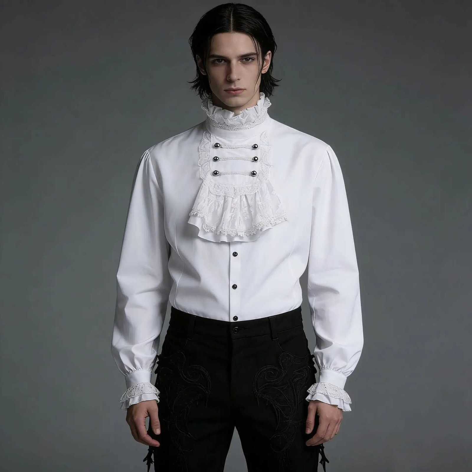 Stage Wear Men's Gothic White Shirts And Blouses Tops Retro Victorian Medieval Lace Ruffles Stand Collar Puff Sleeve Shirt ClothingT260921