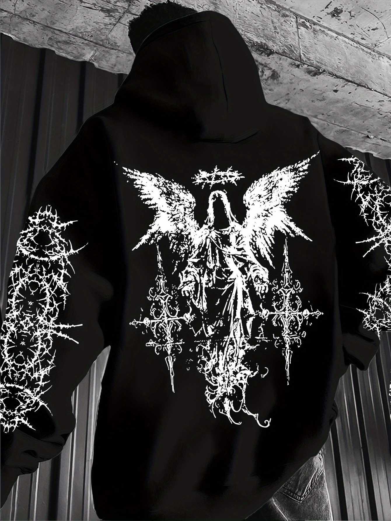 Men's Sweatshirts Men's Angel-themed Hoodies graffiti thorn print streetwear hip-hop punk style hooded sweatshirt regular fit version swea