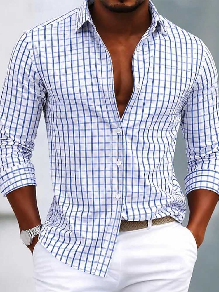 blue Shirts Men's Men's Casual and white fine plaid long sleeved shirt with simple plaid collar for business leisure daily commuting men&#