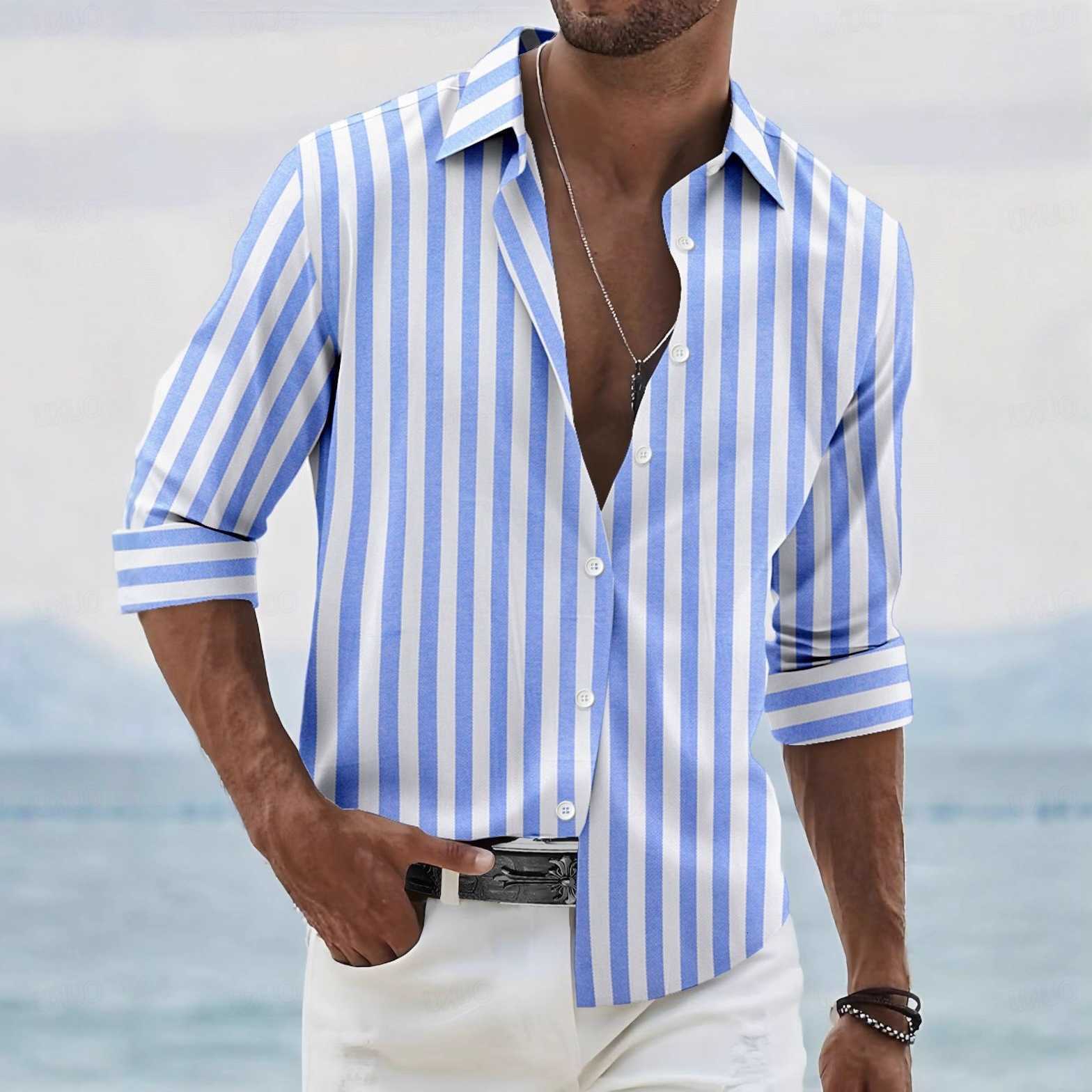 Vertical Shirts Men's Men's Casual Striped Long-Sleeved Shirt Horizontal Striped Cuff Collar Shirt Vacation Casual Business Men's Top