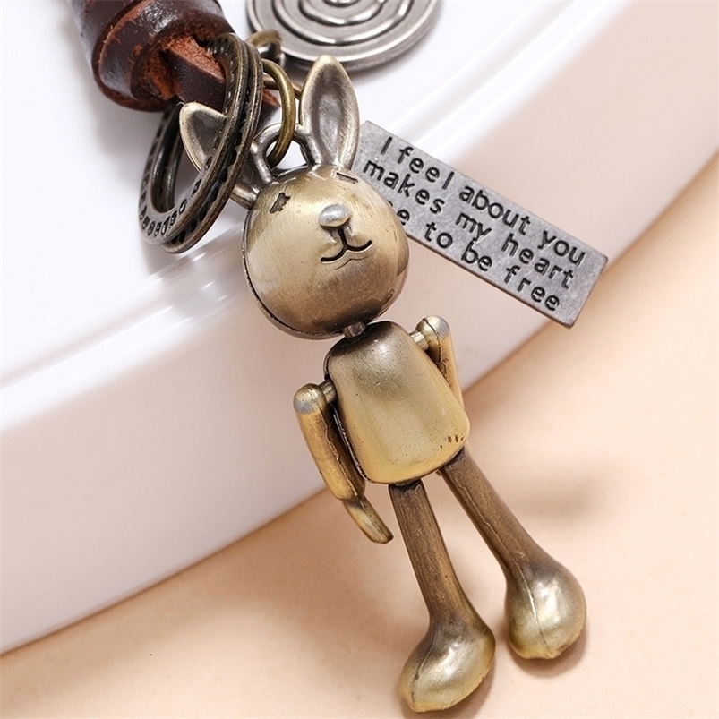 Retro Gemma Mens Coniglio Pendent Portachiavi in ââpelle Corda Portachiavi in ââmetallo di rame vintage Portachiavi in stile punk Auto Catena