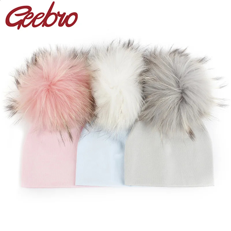 Geebro born Soft Cotton 15 cm fur pompom Beanies Hats For Baby Boys Girls Autumn Winter Kids Infants Toddler Baby Hats 260920