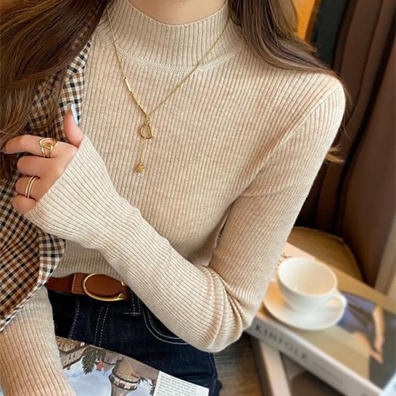 Autumn Winter Mock Neck Women Sweater Vintage Basic Solid Knitted Korean Tops Casual Slim Pullover Sweaters Simple Chic Jumpers y260914