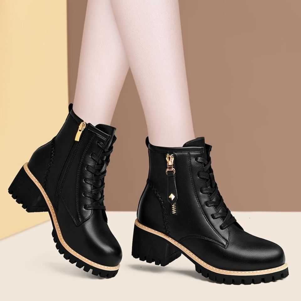 Ankle Boots Boots Women Shoes 2022 New Autumn British Wind Genuine Leather Thick With Fur Ladies Short Boots Motorcycle heels boots H260921