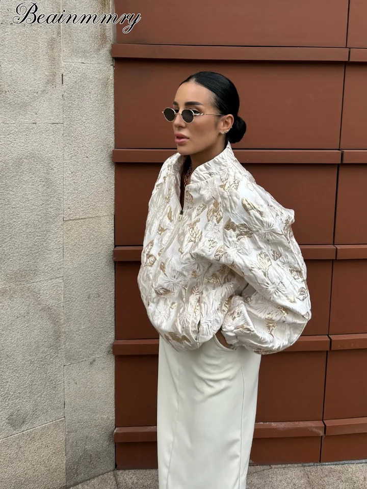 Women Jacquard Foil Baseball Jacket Stand Collar Zip Loose Lantern Long Sleeve Outerwear Lady y Banquet Loose Casual Coat 260920