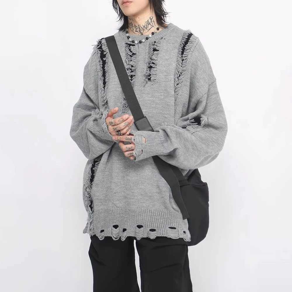 2025 Winter New Men's Ripped Long-Sleeve Sweater American Retro Fashion Trendy High Street Loose Casual Niche Unisex Men's Top S260921Y6KX