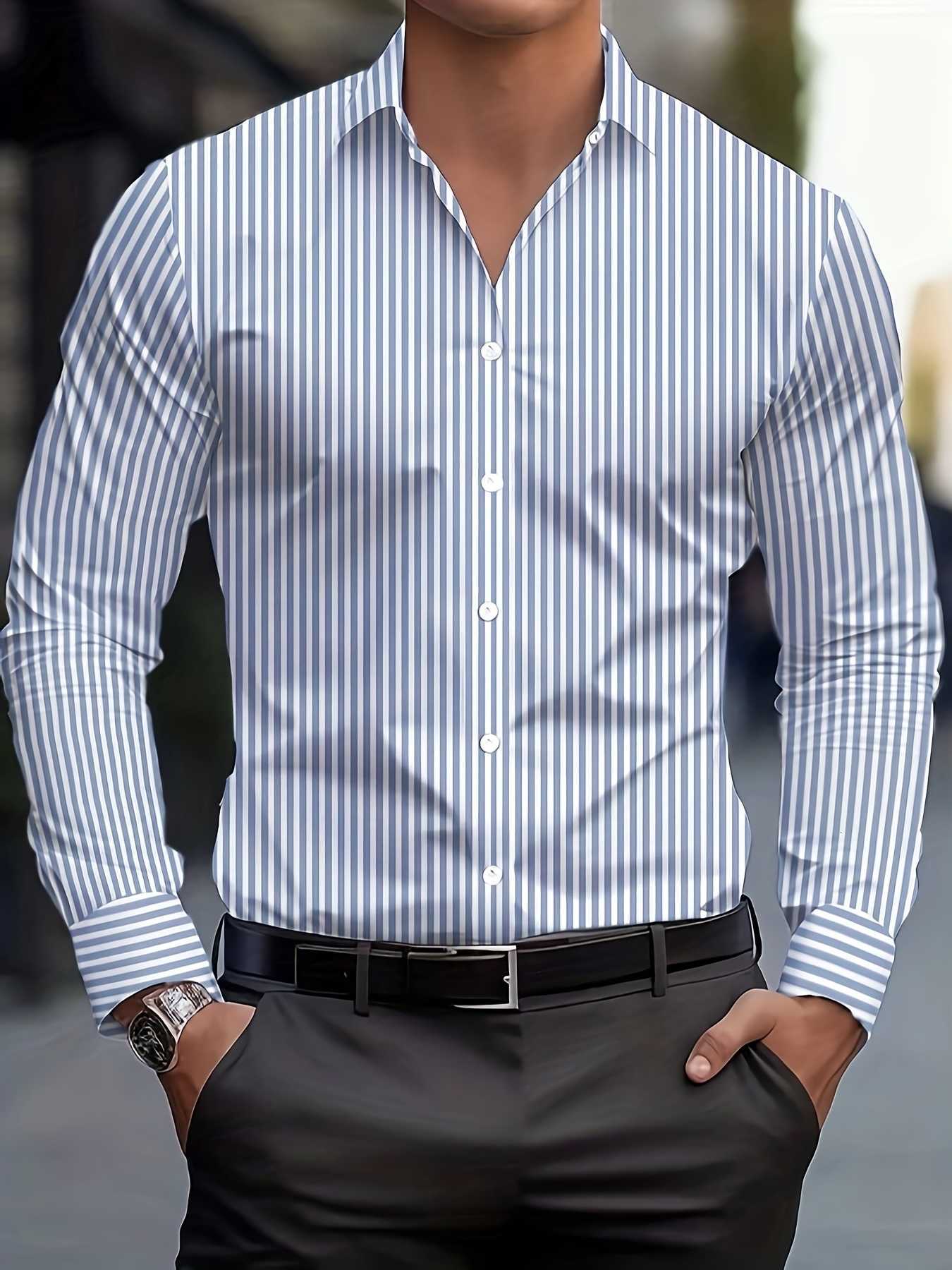 Casual Shirts Men's Fashion Men's Striped Print Shirts Casual Breathable Lapel Button Long Sleeve Shirt For Spring Fall Men's Clothin