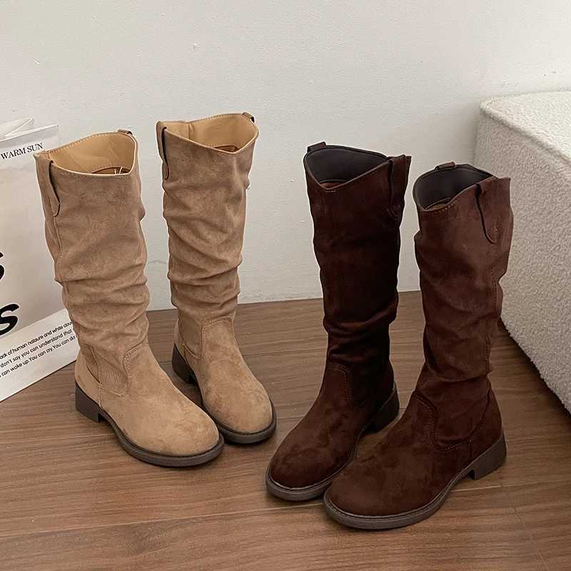 Women's Fashion Boots Round Toe Knee High Boots Simple and Stylish Nude Pleated Plus Size Women's Boots Suitable for Winter L26921
