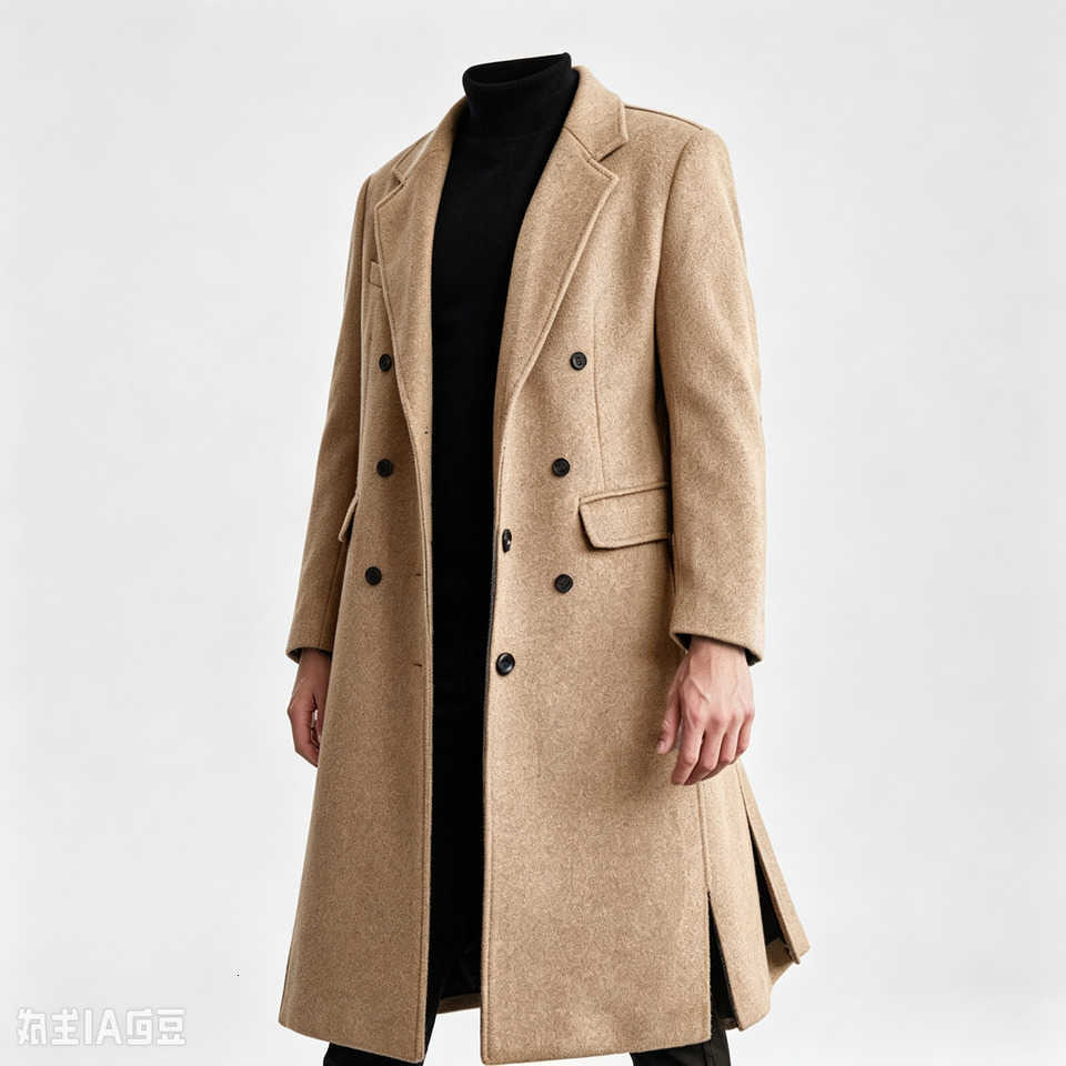 woolen Men's Men's Wool Blends coat 2026 new solid color v neck long sleeve pockey single breasted long trench woolen overcoat men's