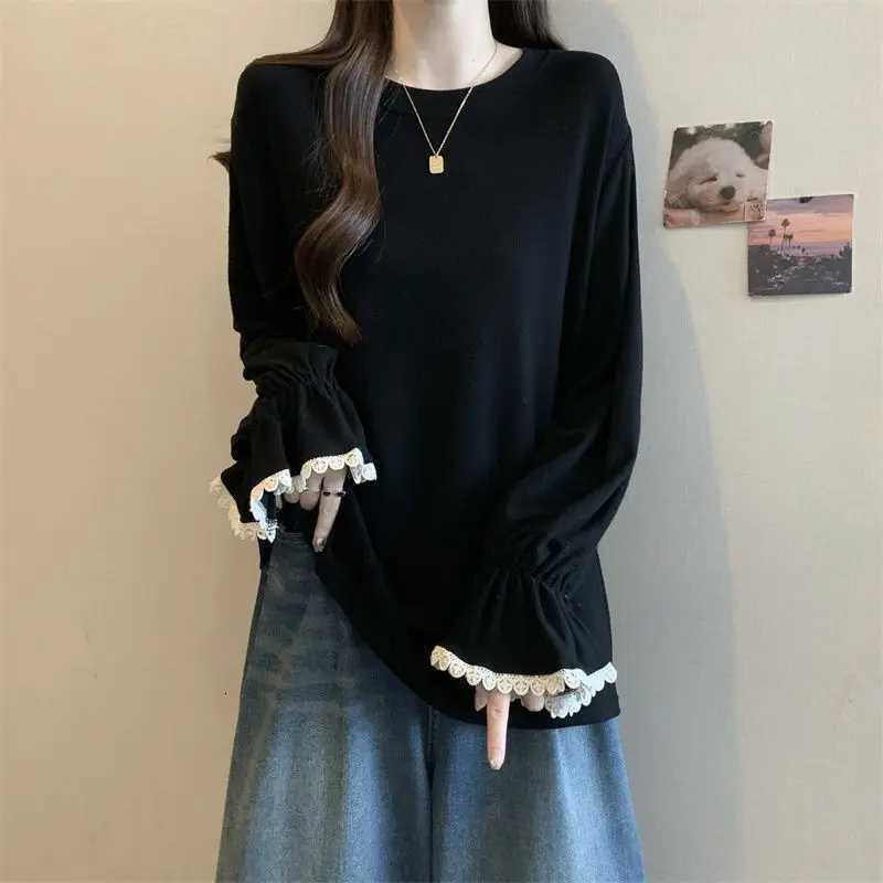 Women's T-Shirt Women's Plus Size New Loose Long Sleeve T-Shirt with Lace Sleeves for Spring and Autumn Suitable for Inner and Outer Wear